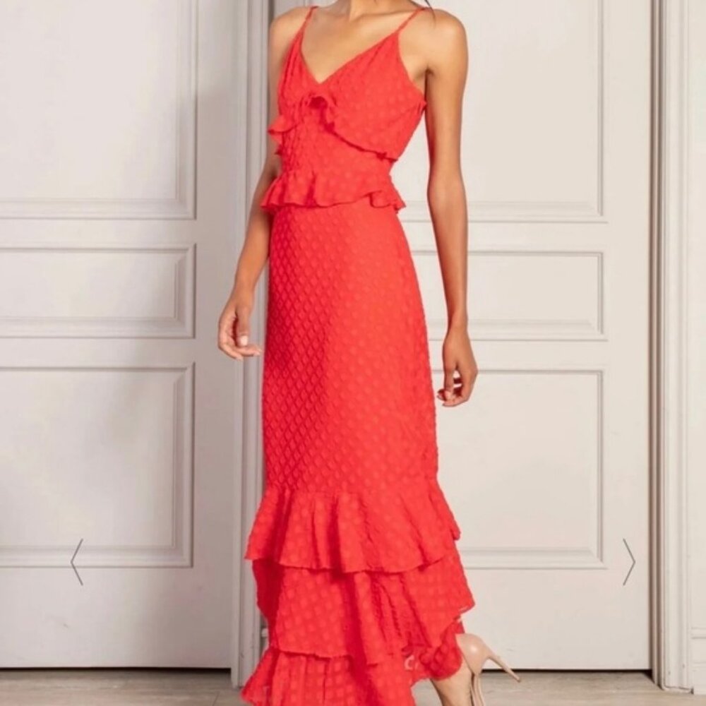 Senlis Nora Ruffled Red Maxi Dress Diamond Pattern Size Small NWT's
